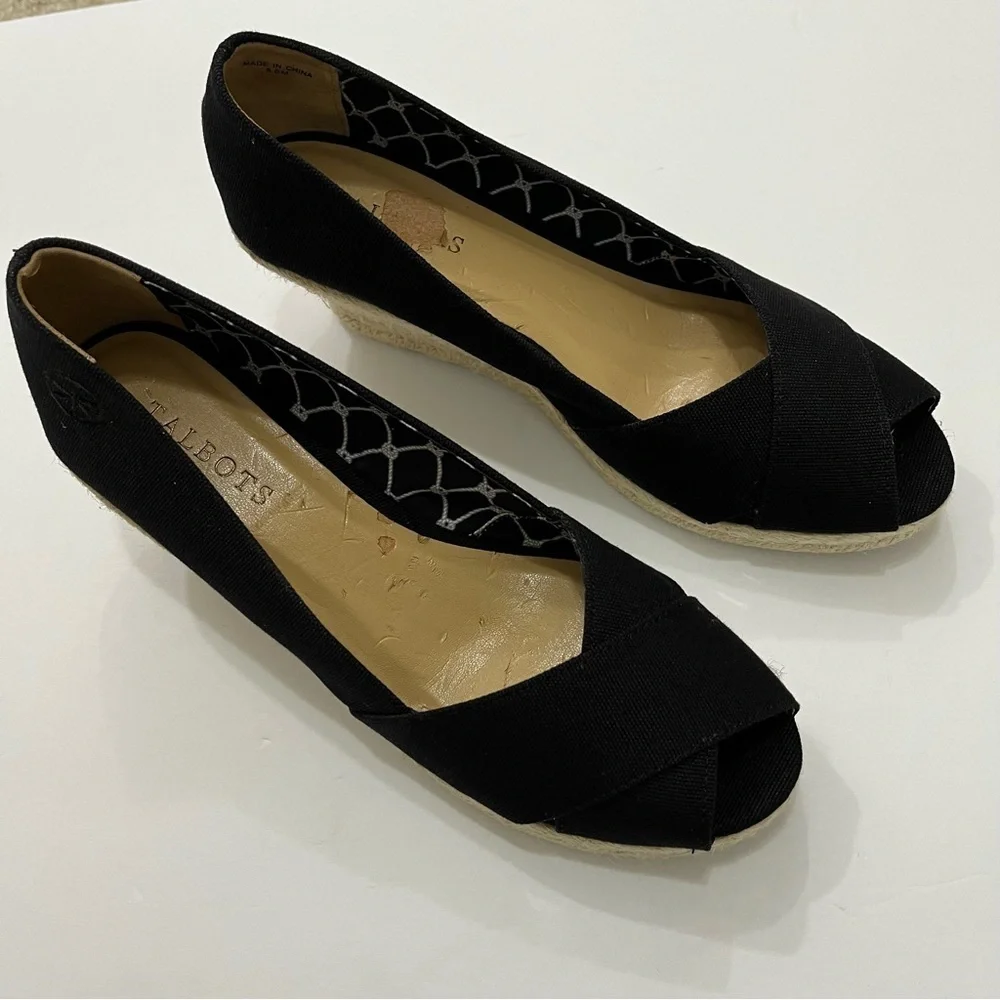 Talbots Black Slip On Espadrille Wedge Jute Shoe